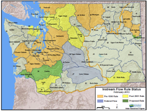 A 2013 map representing areas in Washington with instream flow rules. The beige areas represent counties with no instream flow rules, while orange areas represent flow rules that are in dire need of updating.